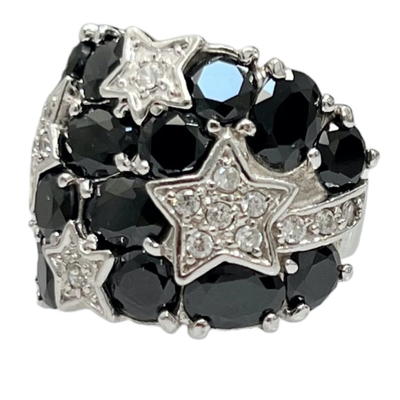 STERLING SILVER BLACK & CLEAR CRYSTALS NIGHT SKY WITH STARS COCKTAIL RING SIZE 7 - Picture 6 of 16